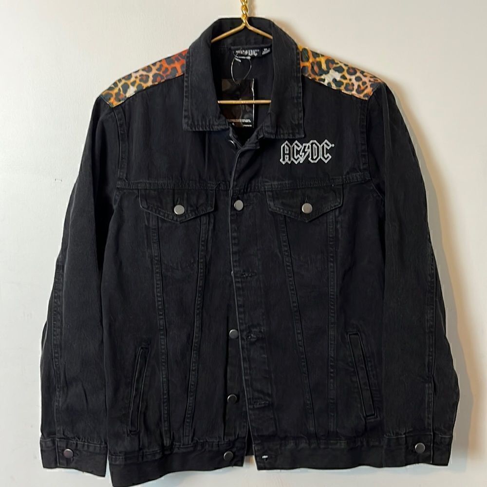 ACDC Leopard Print Denim Jacket Album Titles Tour Rock Highway Band
